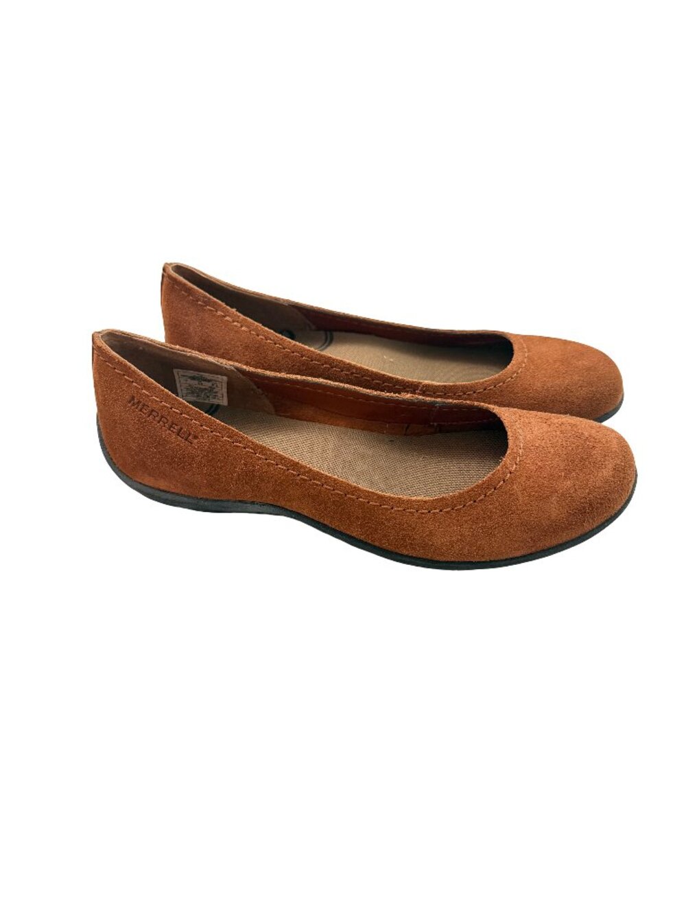Merrell Oak Brown Suede Ballet Flats Avesso Round Toe Topstitched Size 7 Women's